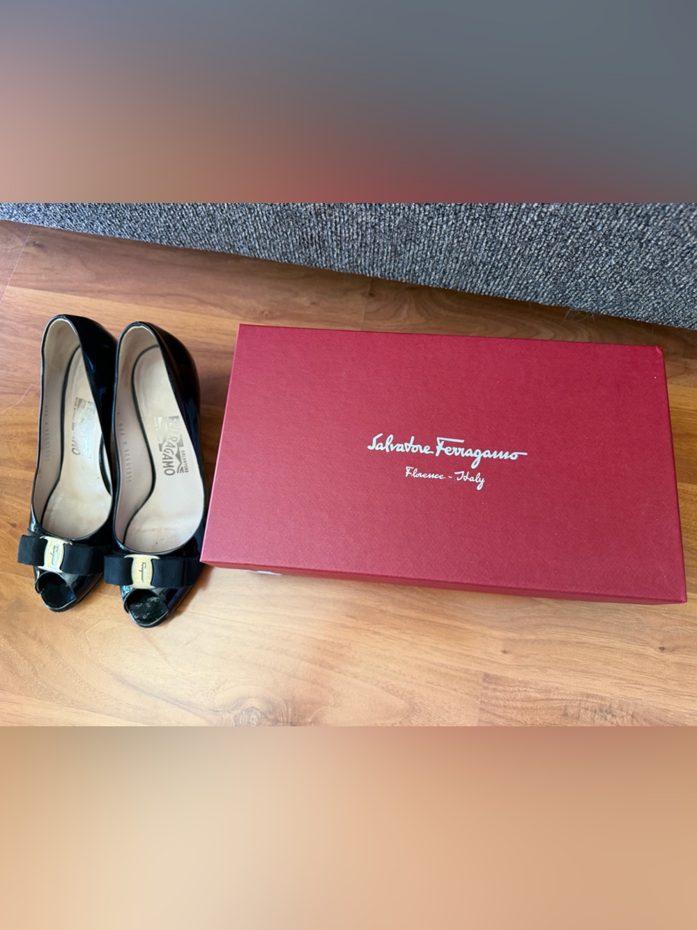 Salvatore Ferragamo Black Patent Peep-Toe Pumps with Bow size 7B - Picture 11 of 16